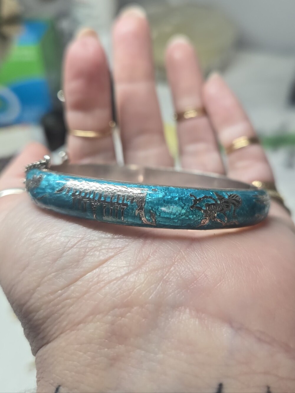 Siam Sterling Teal Enamel Hinged Bangle Bracelet